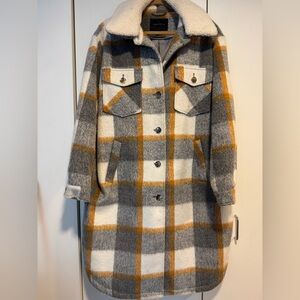 Sanctuary Gray, White, and Orange Plaid Teddy Jacket